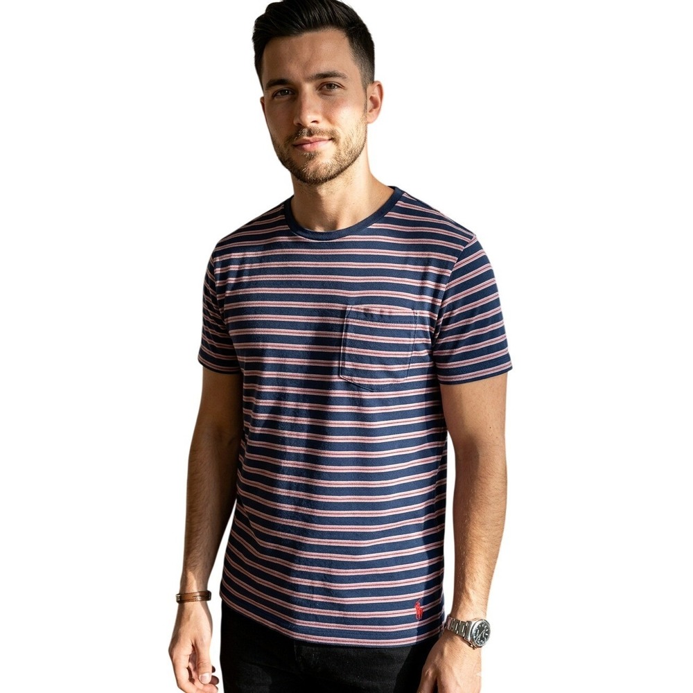 Polo Ralph Lauren Mens Classic Fit Striped Pocket T-Shirt Navy Red‎ White LGNew